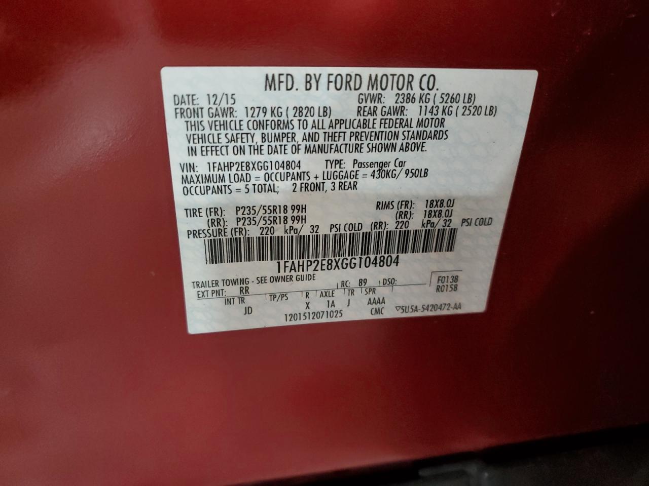 2016 Ford Taurus Sel VIN: 1FAHP2E8XGG104804 Lot: 65261645