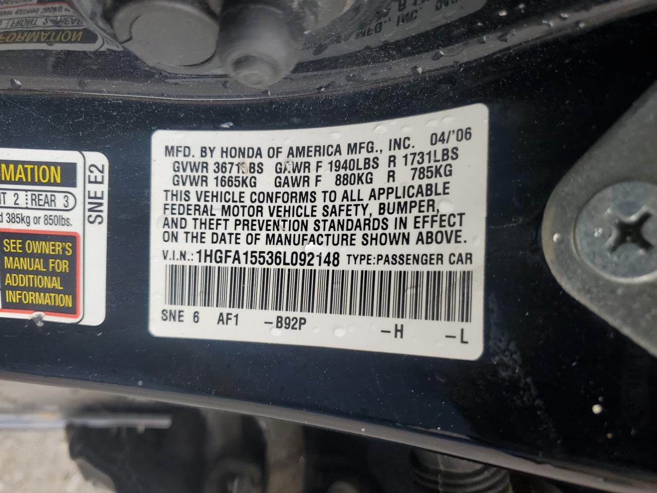 2006 Honda Civic Lx VIN: 1HGFA15536L092148 Lot: 64901905