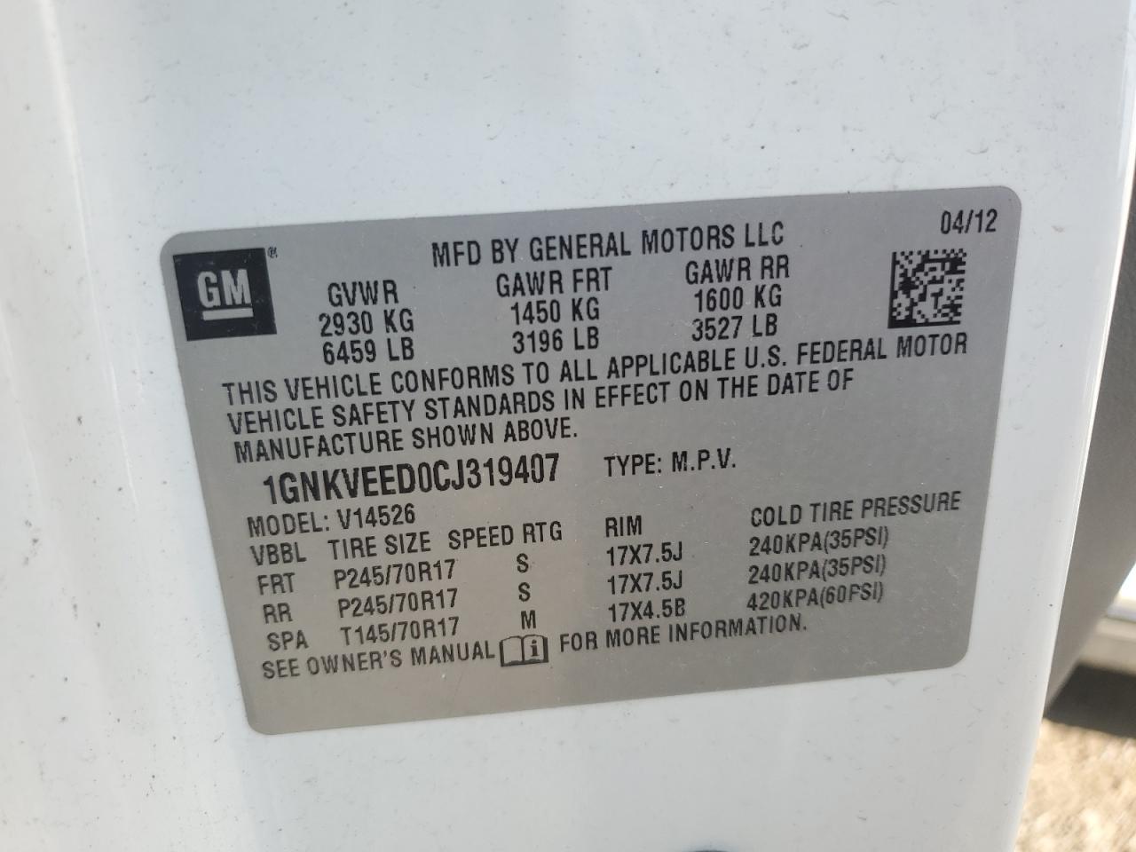 2012 Chevrolet Traverse Ls VIN: 1GNKVEED0CJ319407 Lot: 64583555