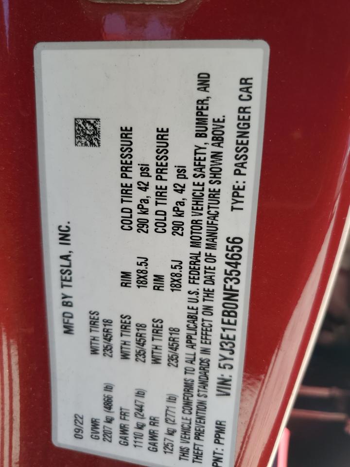 2022 Tesla Model 3 VIN: 5YJ3E1EB0NF354656 Lot: 63930895