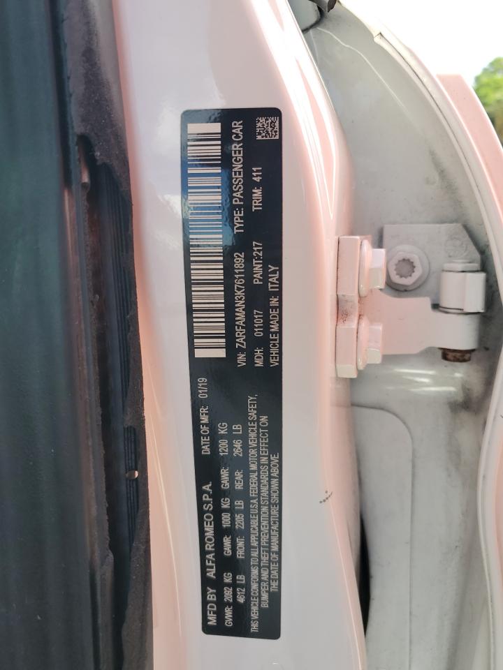 2019 Alfa Romeo Giulia VIN: ZARFAMAN3K7611892 Lot: 66914495