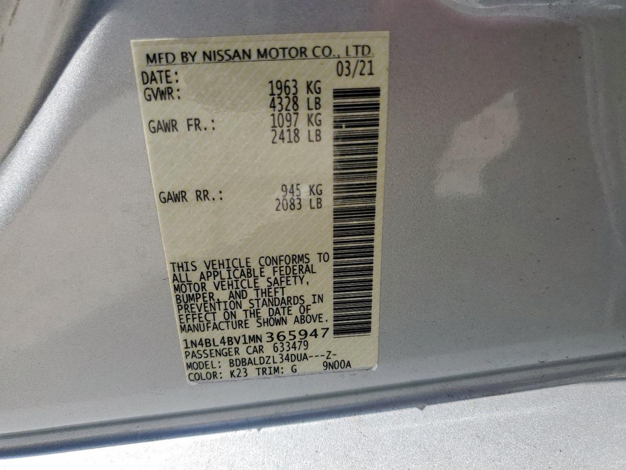 2021 Nissan Altima S VIN: 1N4BL4BV1MN365947 Lot: 64618925
