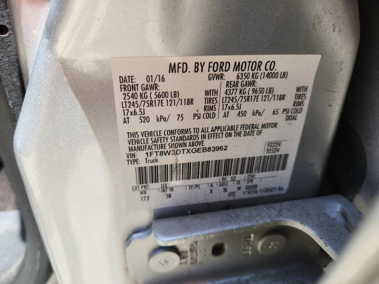 2016 Ford F350 Super Duty VIN: 1FT8W3DTXGEB83962 Lot: 65352395