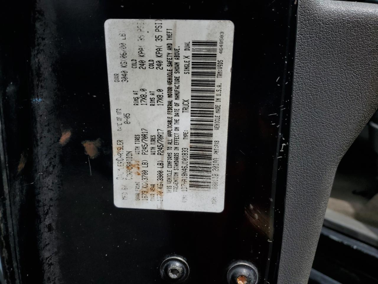 2006 Dodge Ram 1500 St VIN: 1D7HA18N46J101833 Lot: 64744275