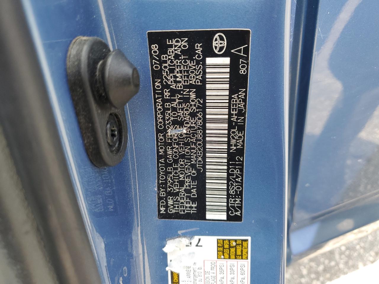 2008 Toyota Prius VIN: JTDKB20U887806172 Lot: 64676455