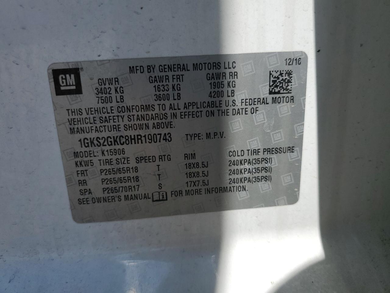2017 GMC Yukon Xl K1500 Slt VIN: 1GKS2GKC8HR190743 Lot: 62198955