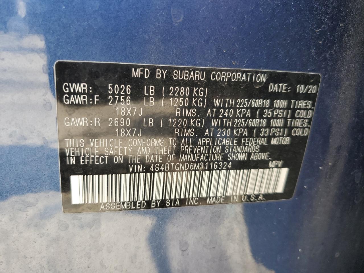 2021 Subaru Outback Limited Xt VIN: 4S4BTGND6M3116324 Lot: 65052685