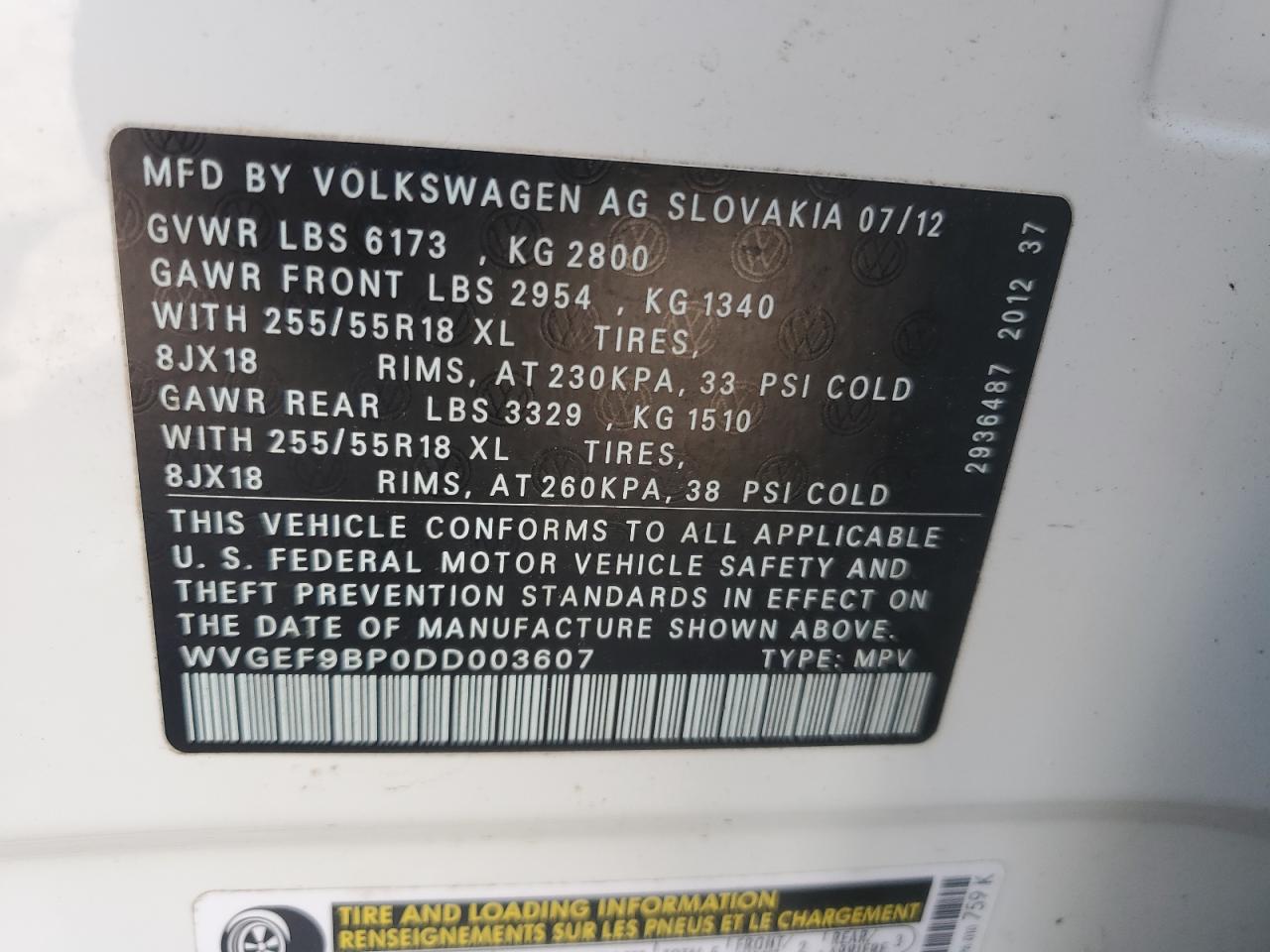 2013 Volkswagen Touareg V6 VIN: WVGEF9BP0DD003607 Lot: 64362325