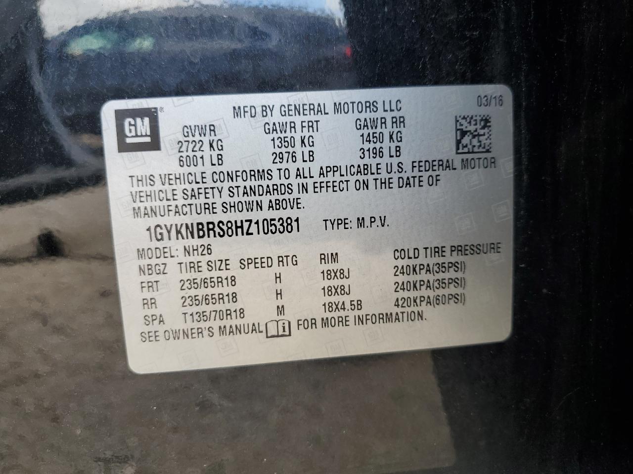 2017 Cadillac Xt5 Luxury VIN: 1GYKNBRS8HZ105381 Lot: 64957055