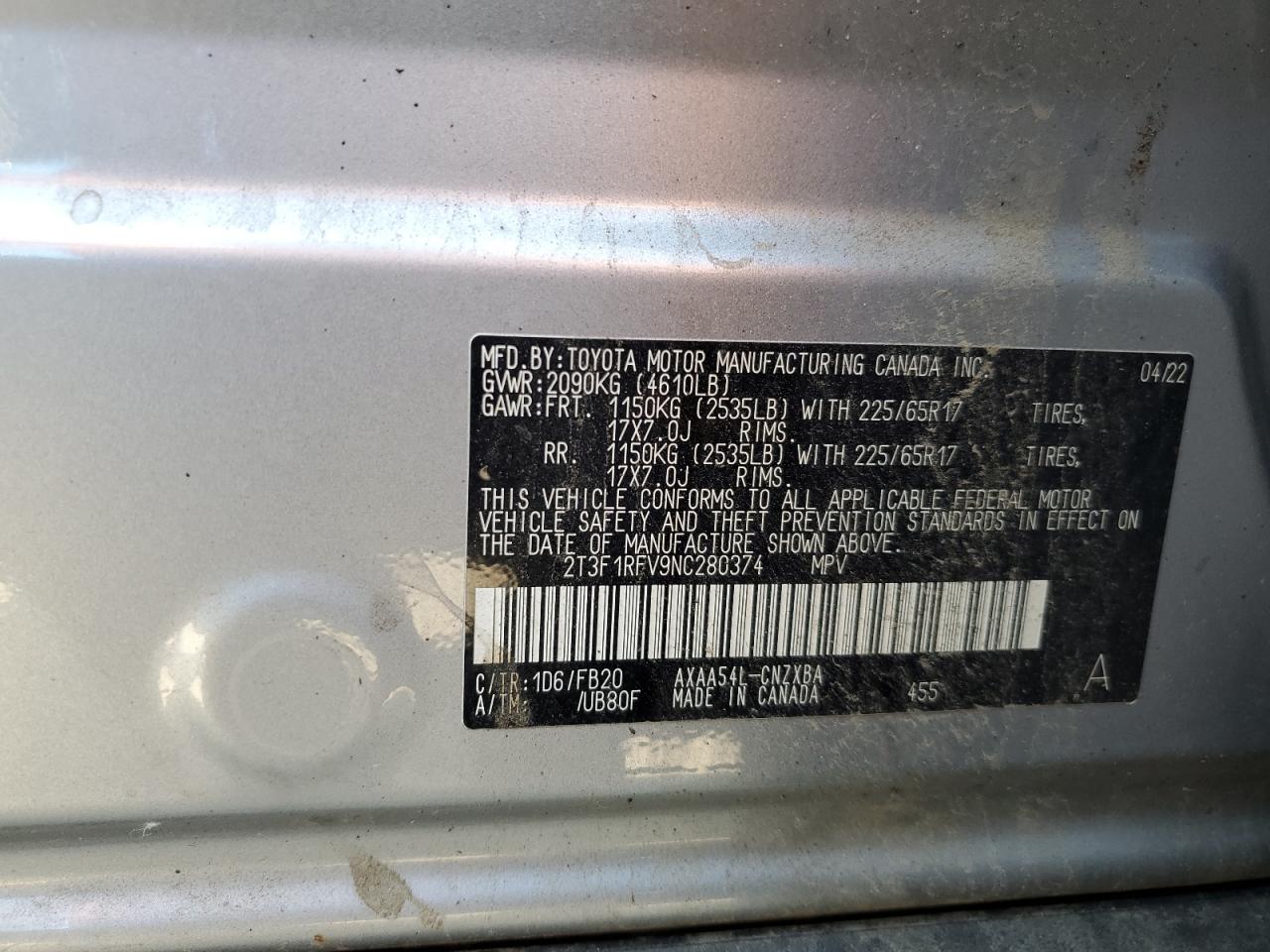 2022 Toyota Rav4 Le VIN: 2T3F1RFV9NC280374 Lot: 64675845