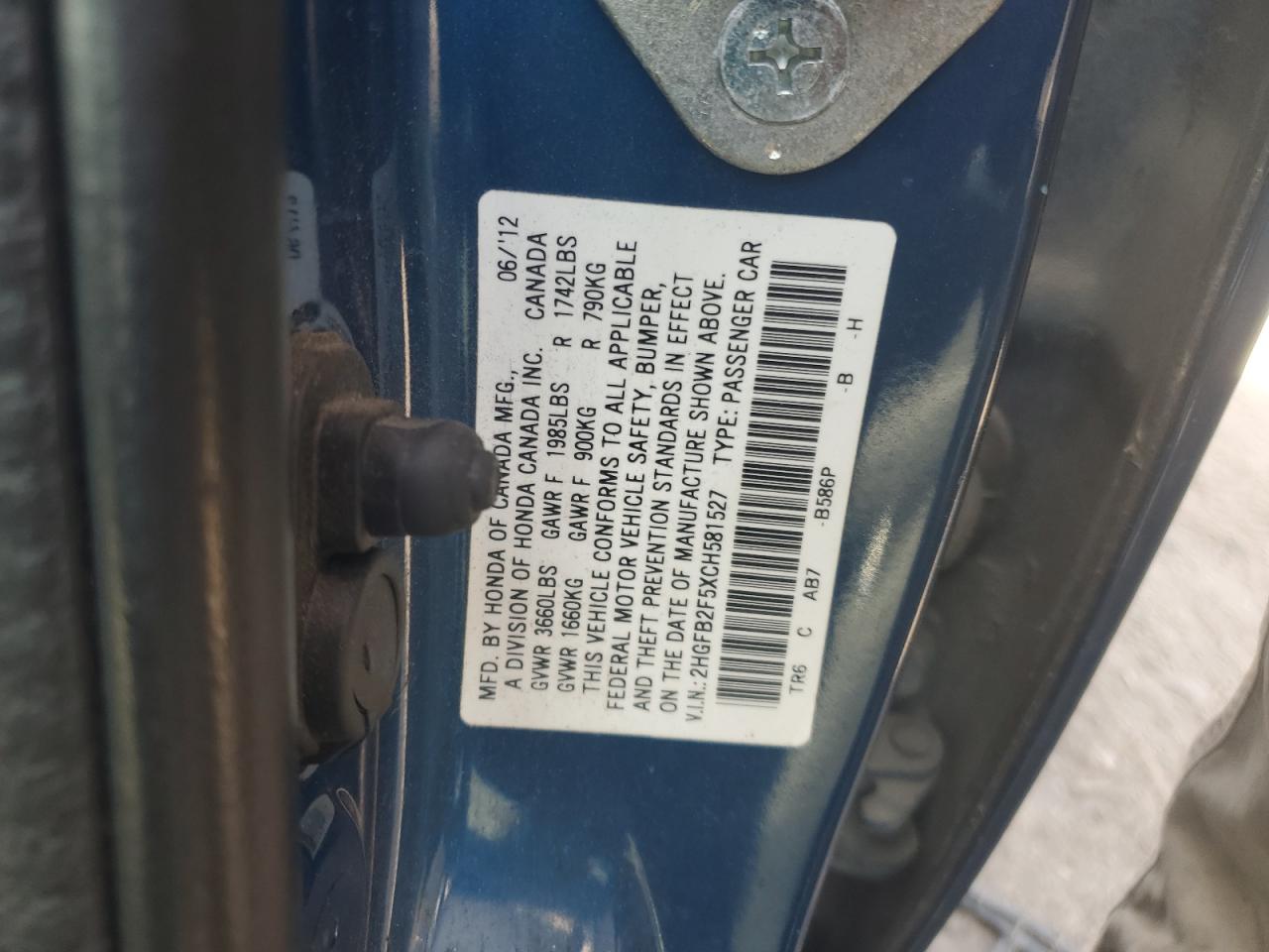 2012 Honda Civic Lx VIN: 2HGFB2F5XCH581527 Lot: 65023815