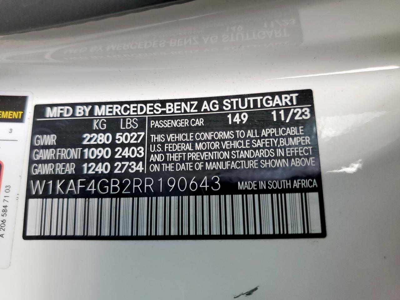 2024 Mercedes-Benz C 300 VIN: W1KAF4GB2RR190643 Lot: 64626275