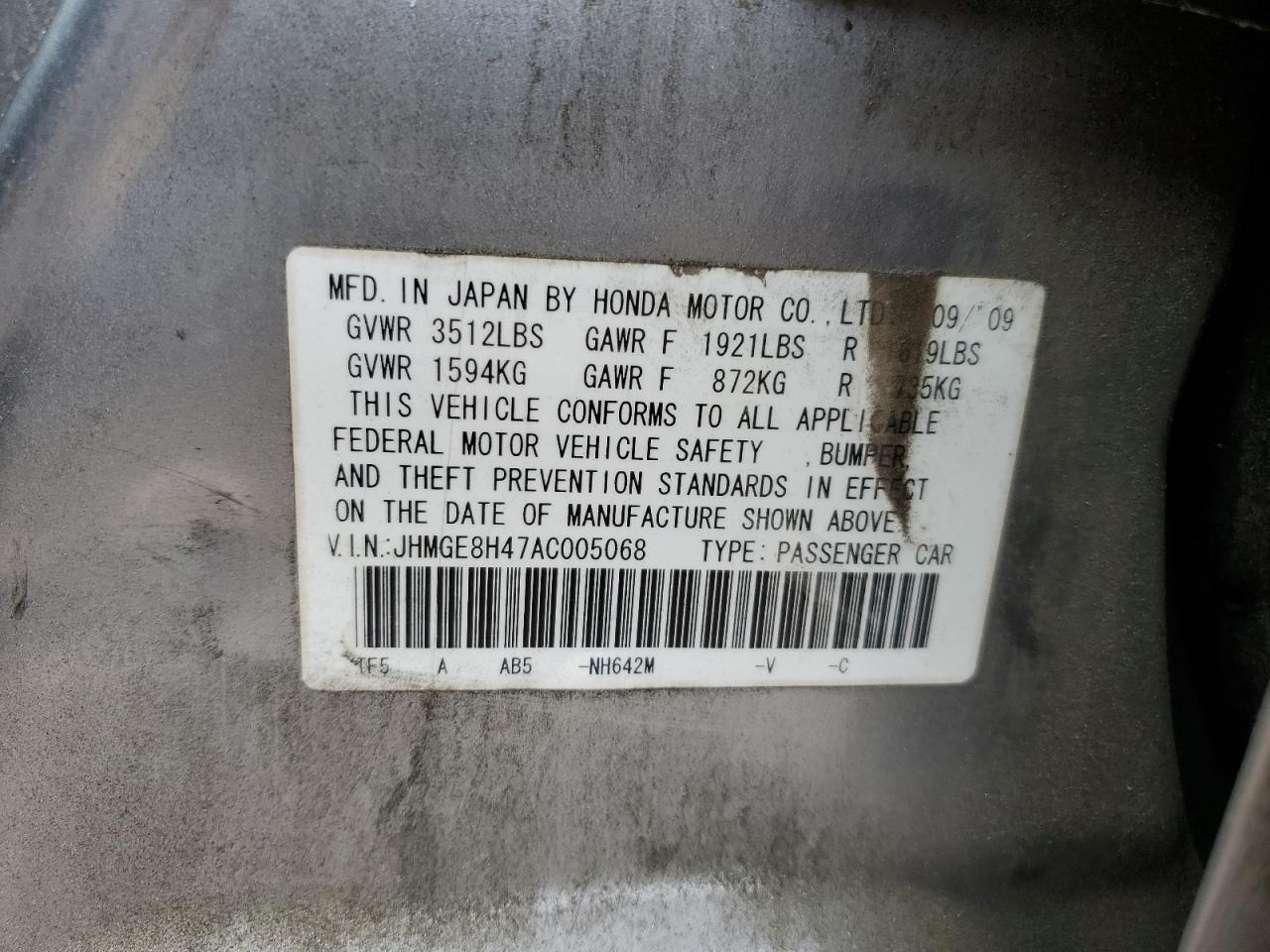 2010 Honda Fit Sport VIN: JHMGE8H47AC005068 Lot: 64360465