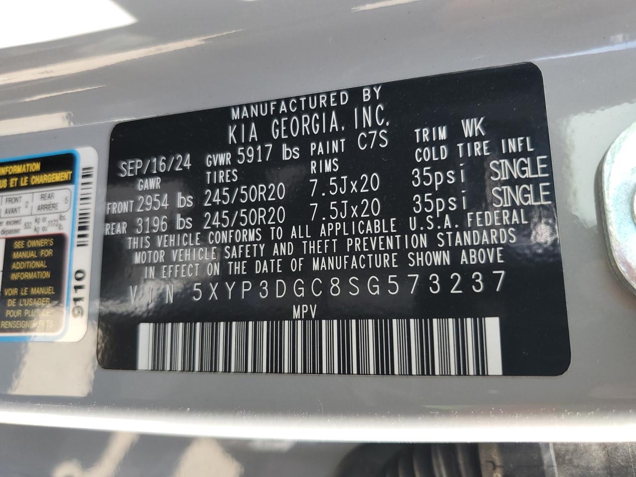 2025 Kia Telluride Ex VIN: 5XYP3DGC8SG573237 Lot: 63524665