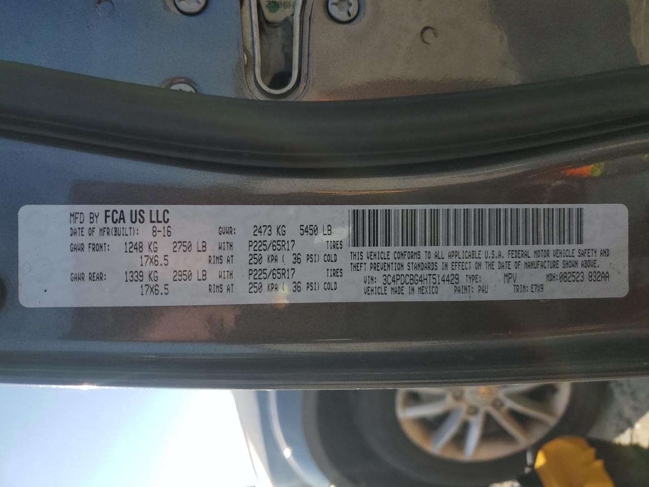 2017 Dodge Journey Sxt VIN: 3C4PDCBG4HT514429 Lot: 63159885