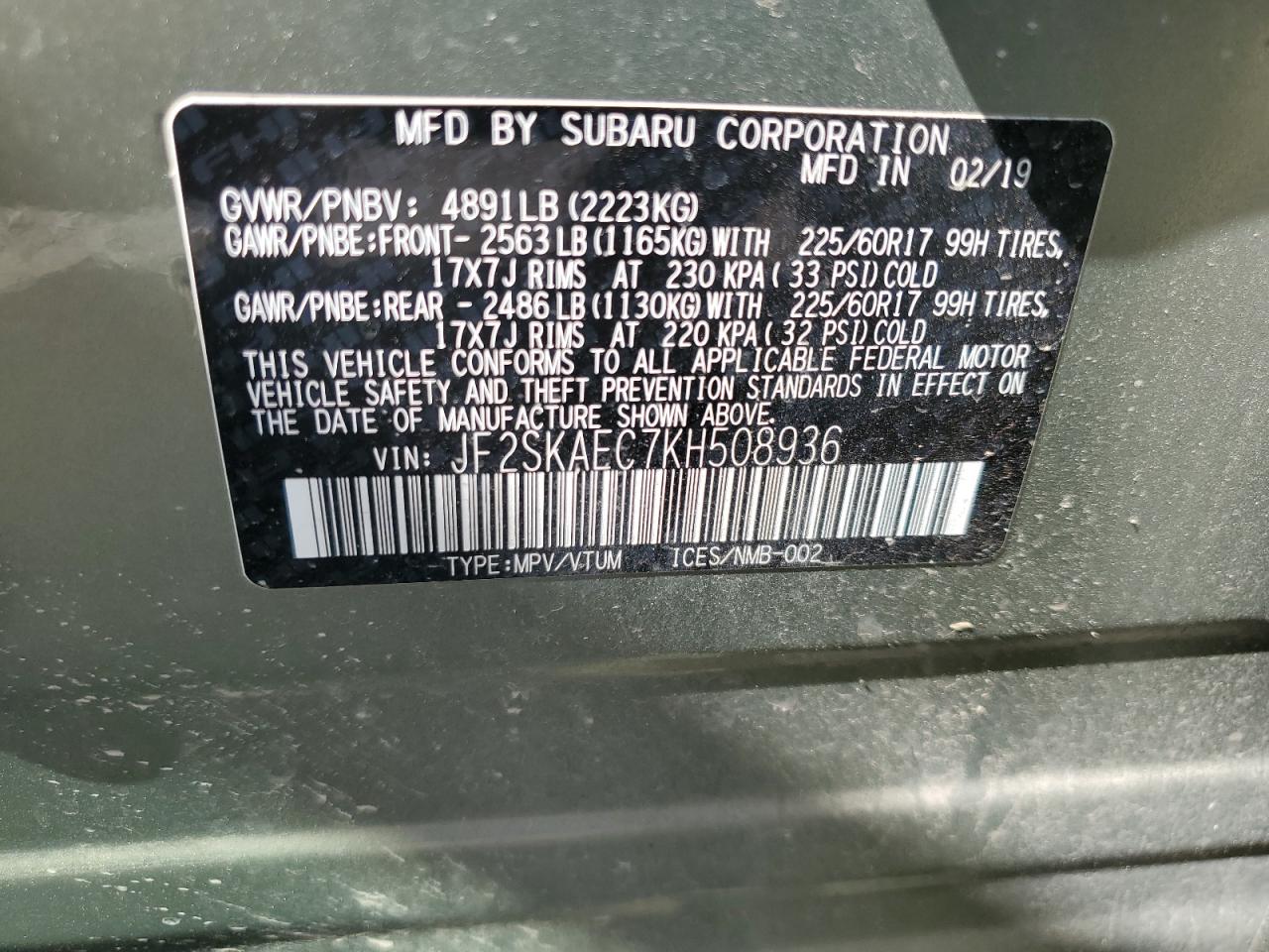 2019 Subaru Forester Premium VIN: JF2SKAEC7KH508936 Lot: 64146165