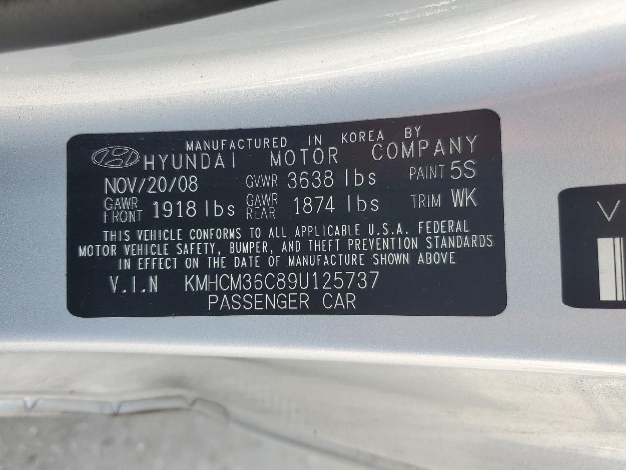 2009 Hyundai Accent Gs VIN: KMHCM36C89U125737 Lot: 63602055
