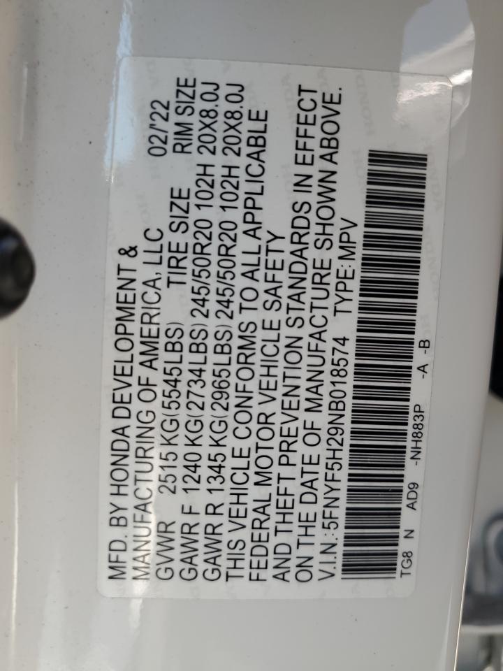2022 Honda Pilot Se VIN: 5FNYF5H29NB018574 Lot: 65708835