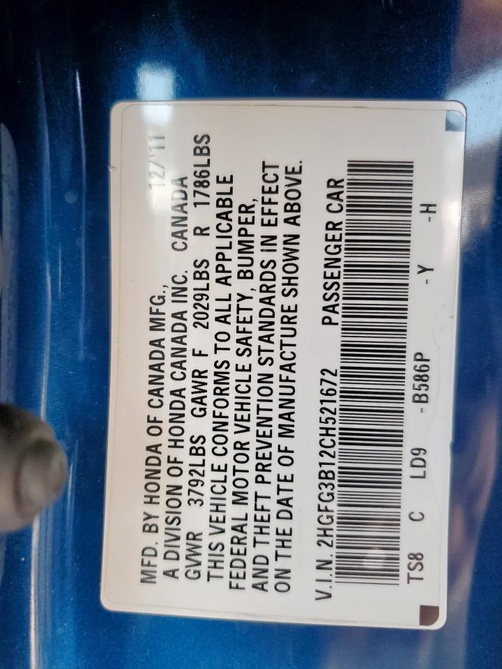 2012 Honda Civic Exl VIN: 2HGFG3B12CH521672 Lot: 61995915