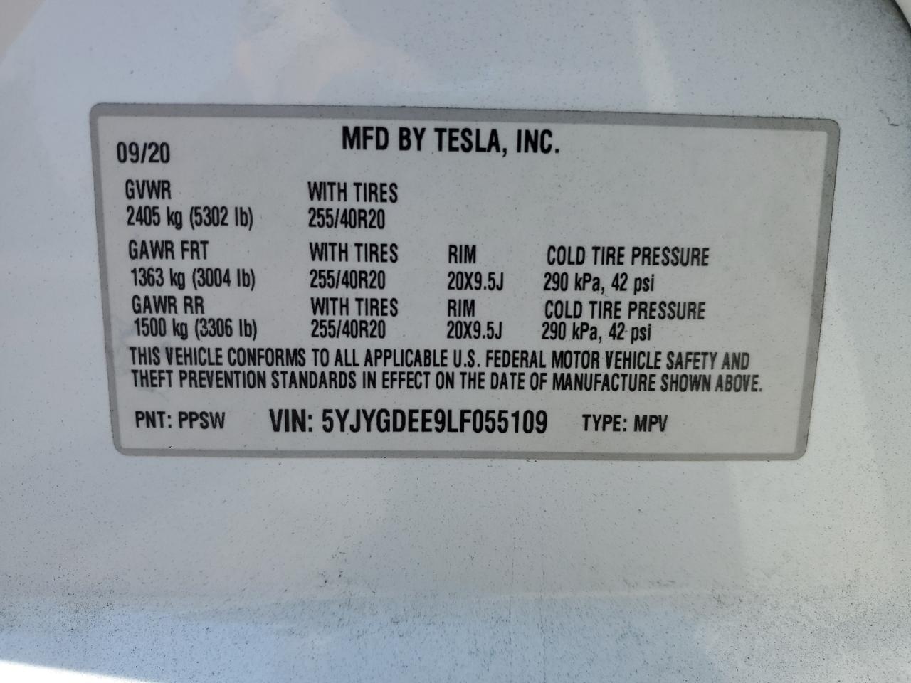 2020 Tesla Model Y VIN: 5YJYGDEE9LF055109 Lot: 64866115