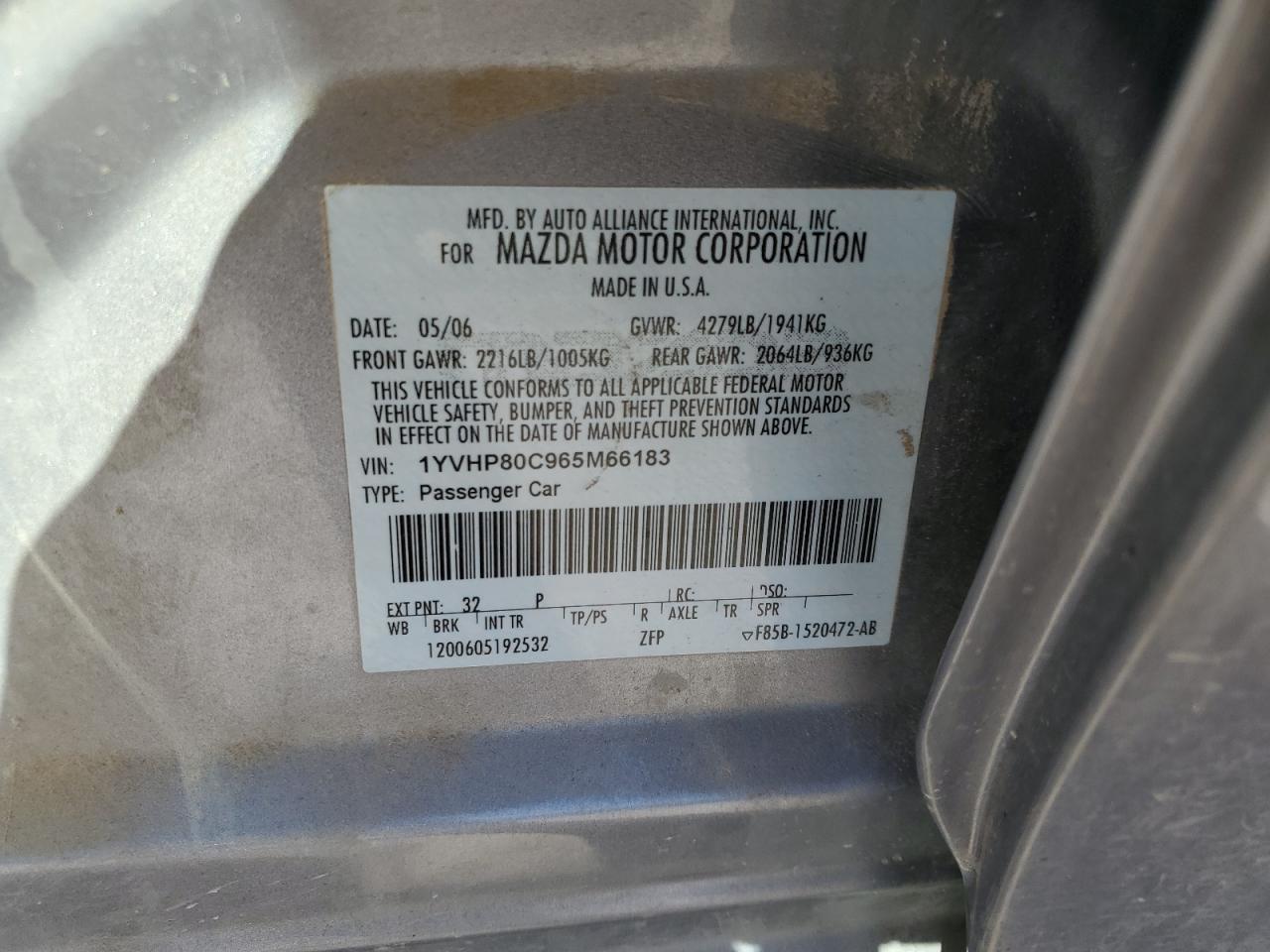 2006 Mazda 6 I VIN: 1YVHP80C965M66183 Lot: 64134805