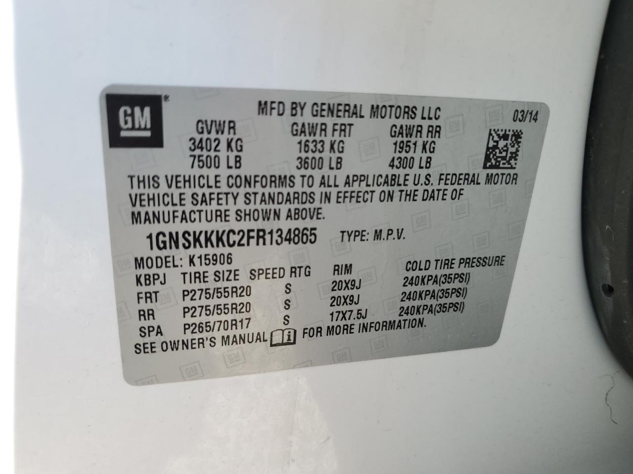 1gnskkkc2fr134865 1GNSKKKC2FR134865 2015 Chevrolet Suburban K1500 Ltz