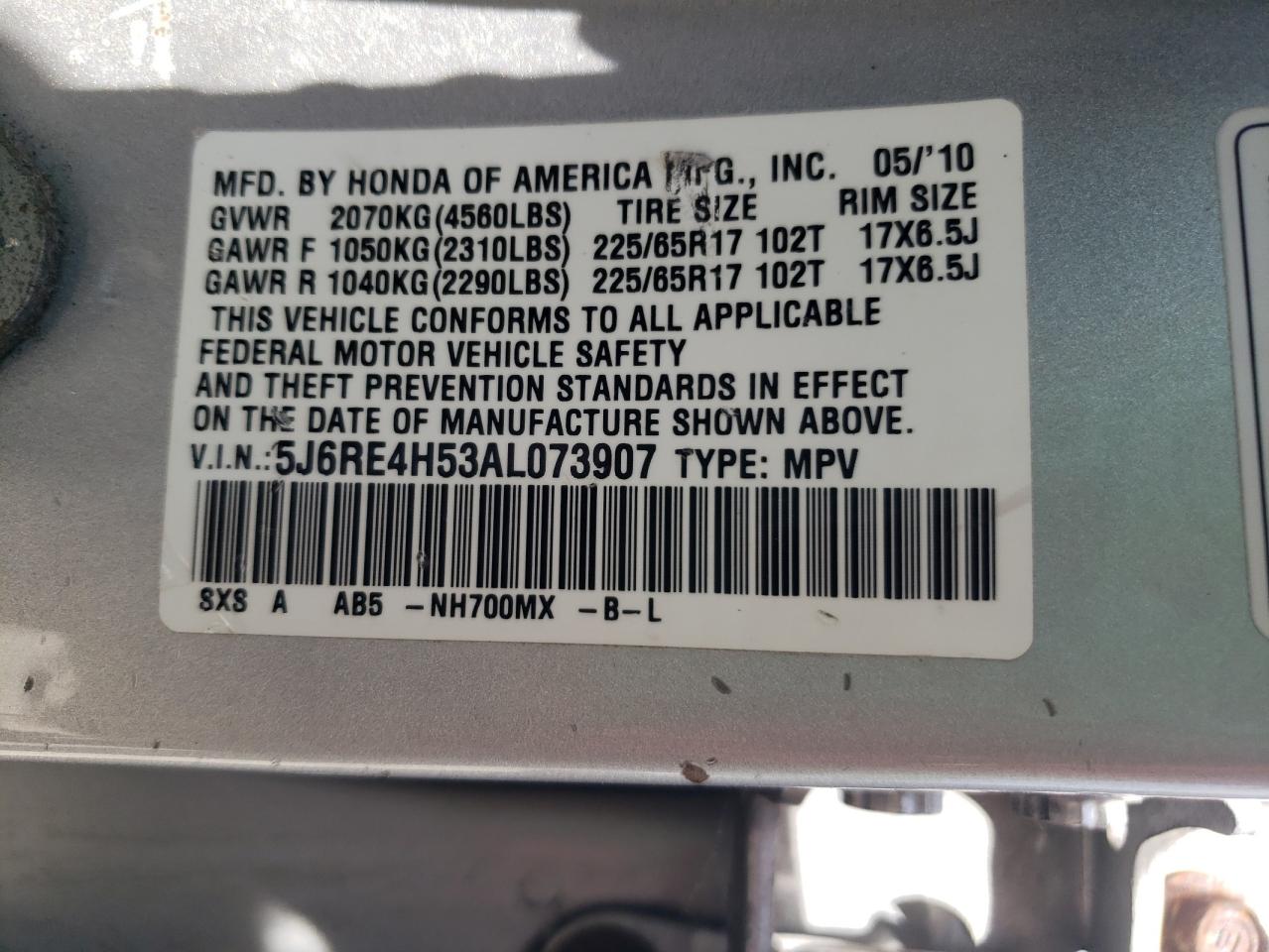 2010 Honda Cr-V Ex VIN: 5J6RE4H53AL073907 Lot: 66253855