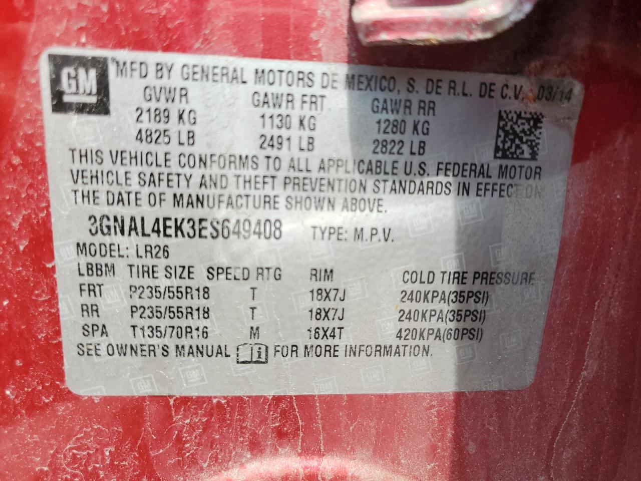 2014 Chevrolet Captiva Ltz VIN: 3GNAL4EK3ES649408 Lot: 63613845