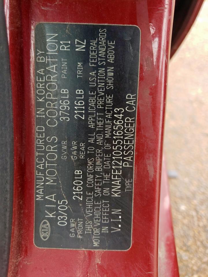2005 Kia Spectra Lx VIN: KNAFE121055165643 Lot: 63760345