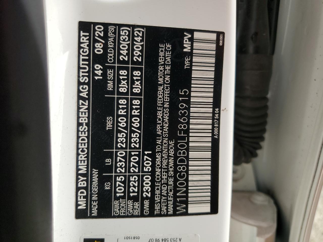 2020 Mercedes-Benz Glc 300 VIN: W1N0G8DB0LF863915 Lot: 66654655