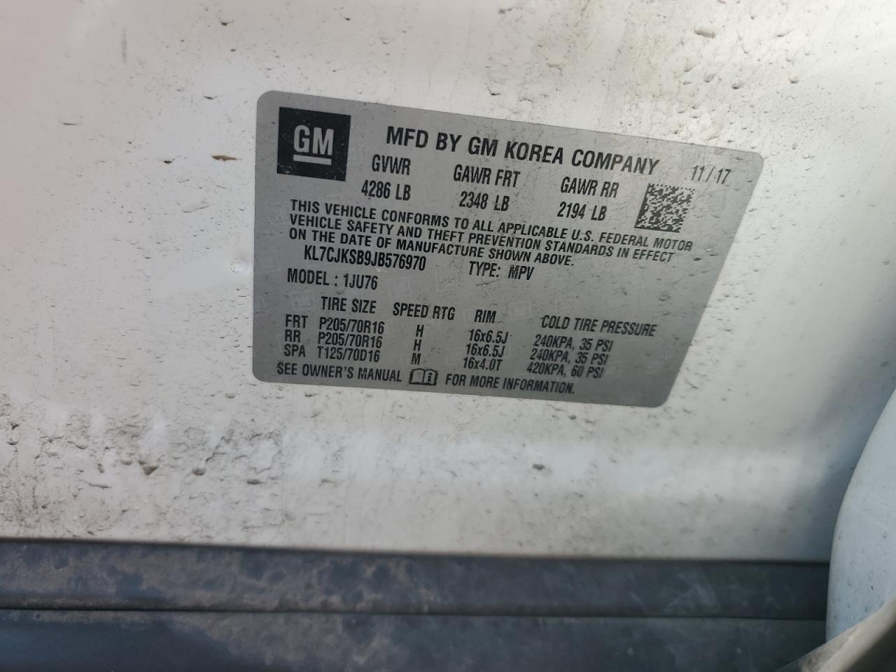 2018 Chevrolet Trax Ls VIN: KL7CJKSB9JB576970 Lot: 64429795
