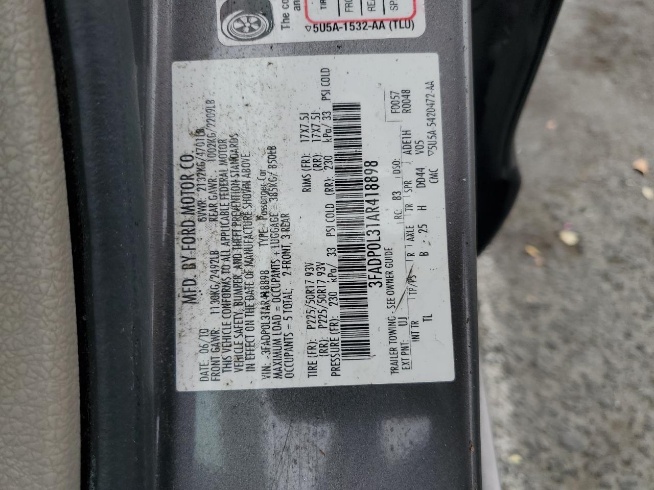 2010 Ford Fusion Hybrid VIN: 3FADP0L31AR418898 Lot: 64618605