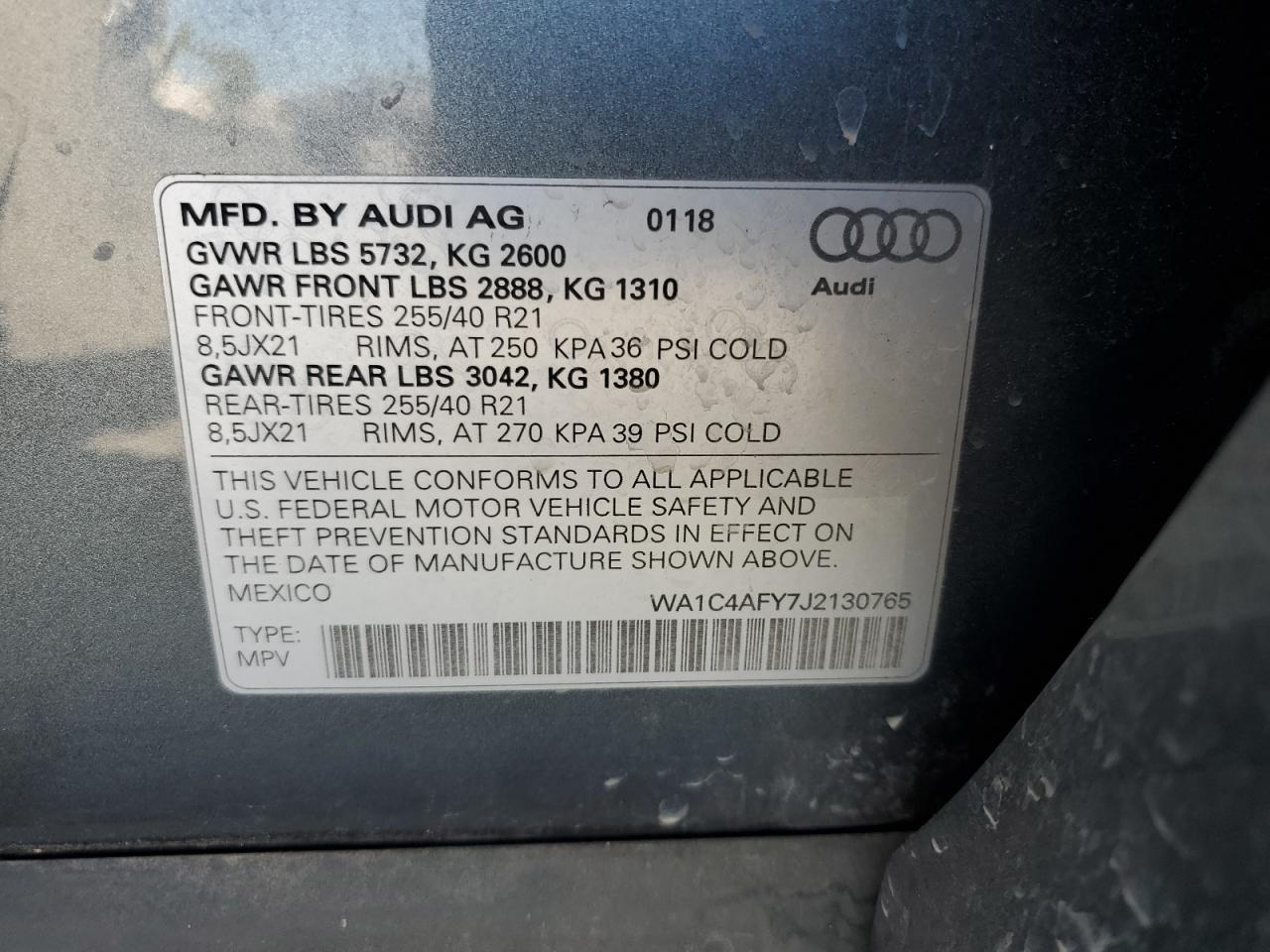 2018 Audi Sq5 Prestige VIN: WA1C4AFY7J2130765 Lot: 62681945