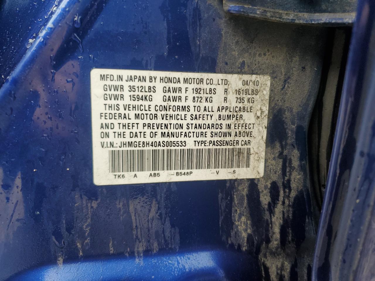 2010 Honda Fit Sport VIN: JHMGE8H40AS005533 Lot: 64750755