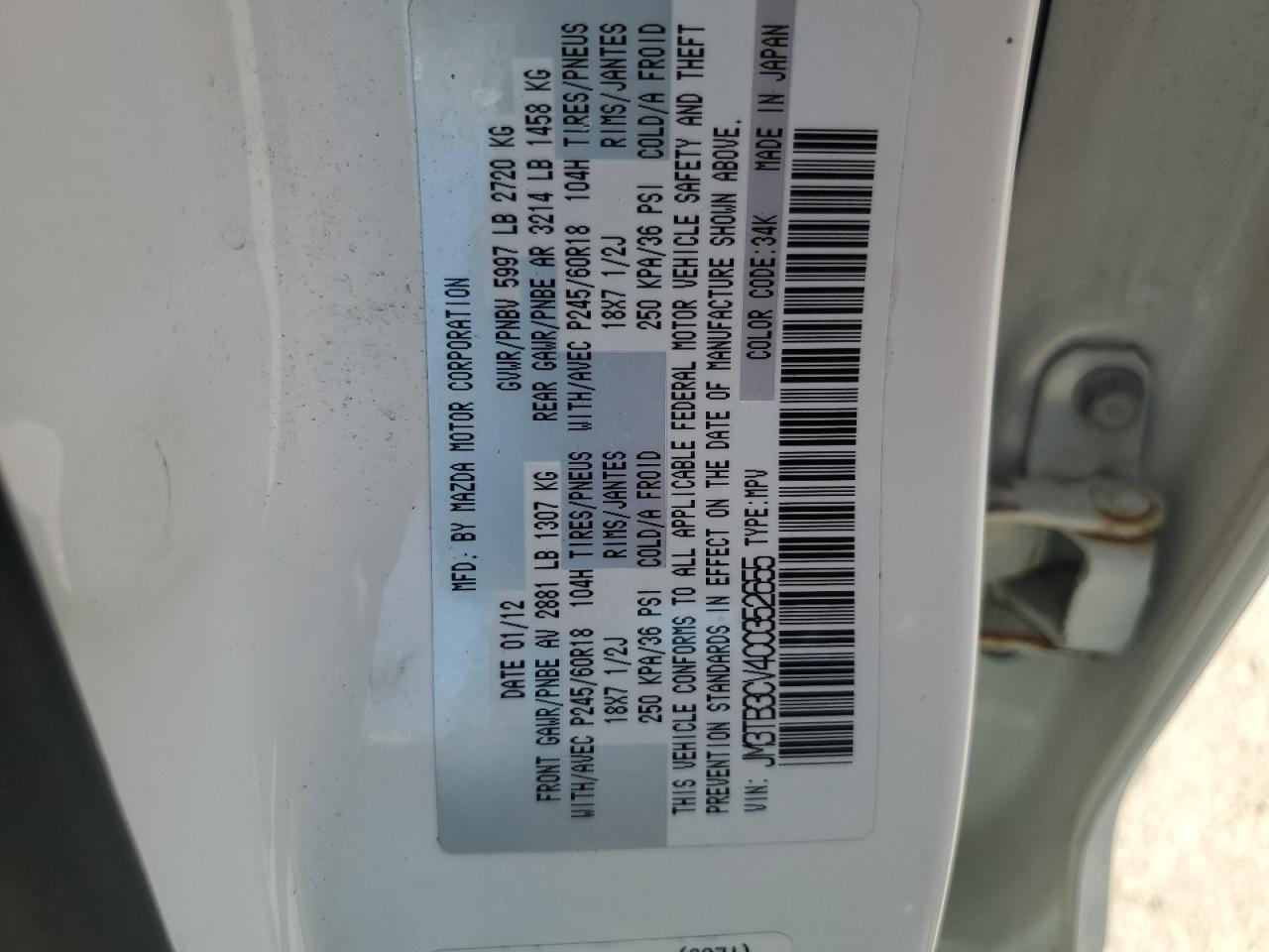 2012 Mazda Cx-9 VIN: JM3TB3CV4C0352655 Lot: 64792505