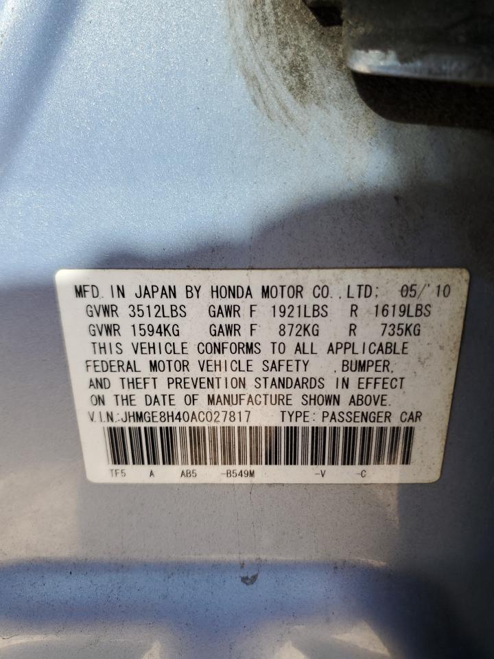 2010 Honda Fit Sport VIN: JHMGE8H40AC027817 Lot: 63510835