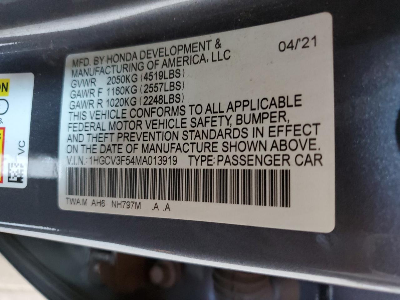 2021 Honda Accord Hybrid Exl VIN: 1HGCV3F54MA013919 Lot: 64182935