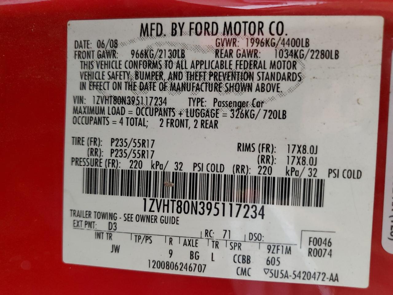 2009 Ford Mustang VIN: 1ZVHT80N395117234 Lot: 64764985