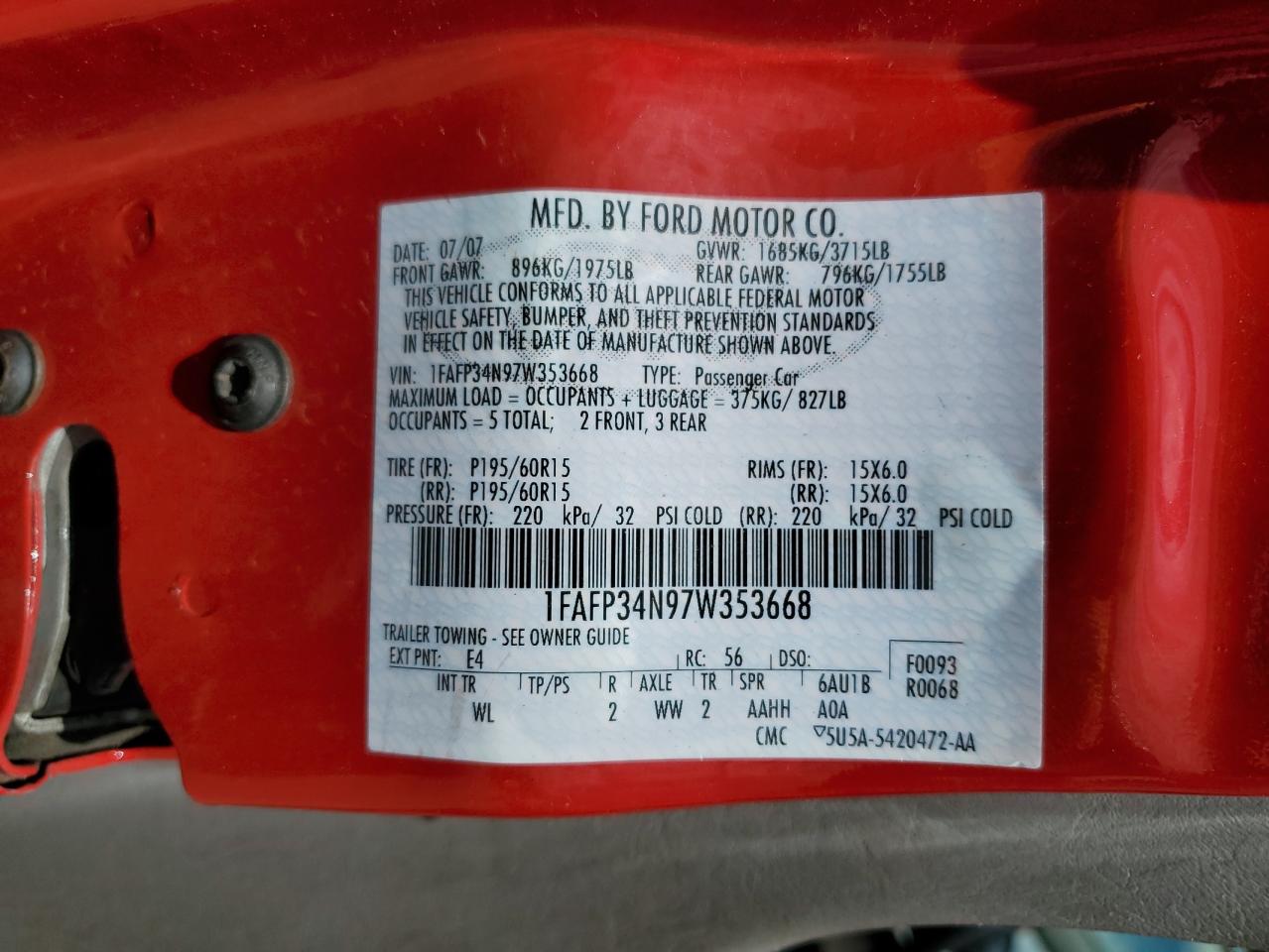 2007 Ford Focus Zx4 VIN: 1FAFP34N97W353668 Lot: 64307245