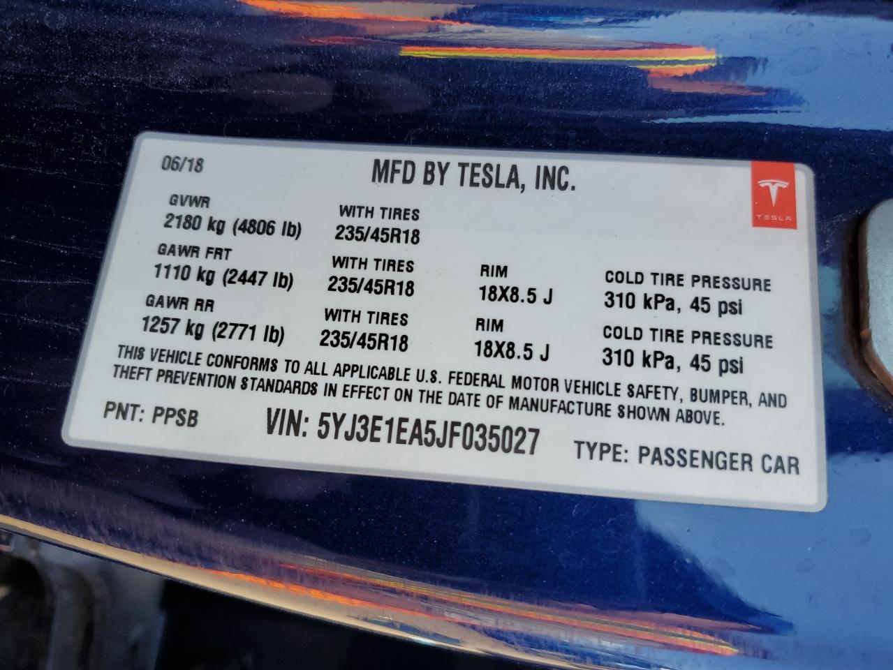 5yj3e1ea5jf035027 5YJ3E1EA5JF035027 2018 Tesla Model 3