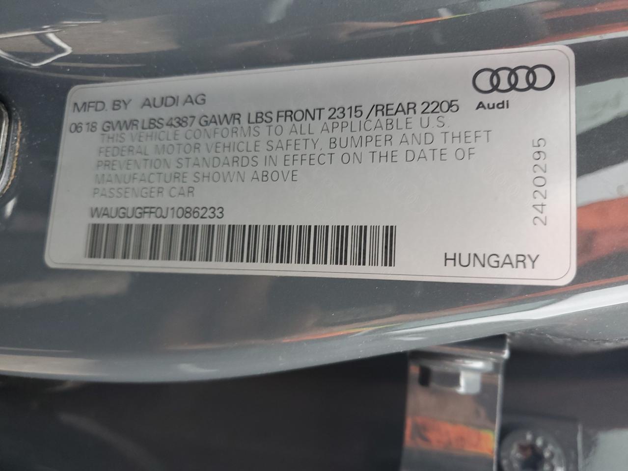 2018 Audi A3 Premium Plus VIN: WAUGUGFF0J1086233 Lot: 65145475