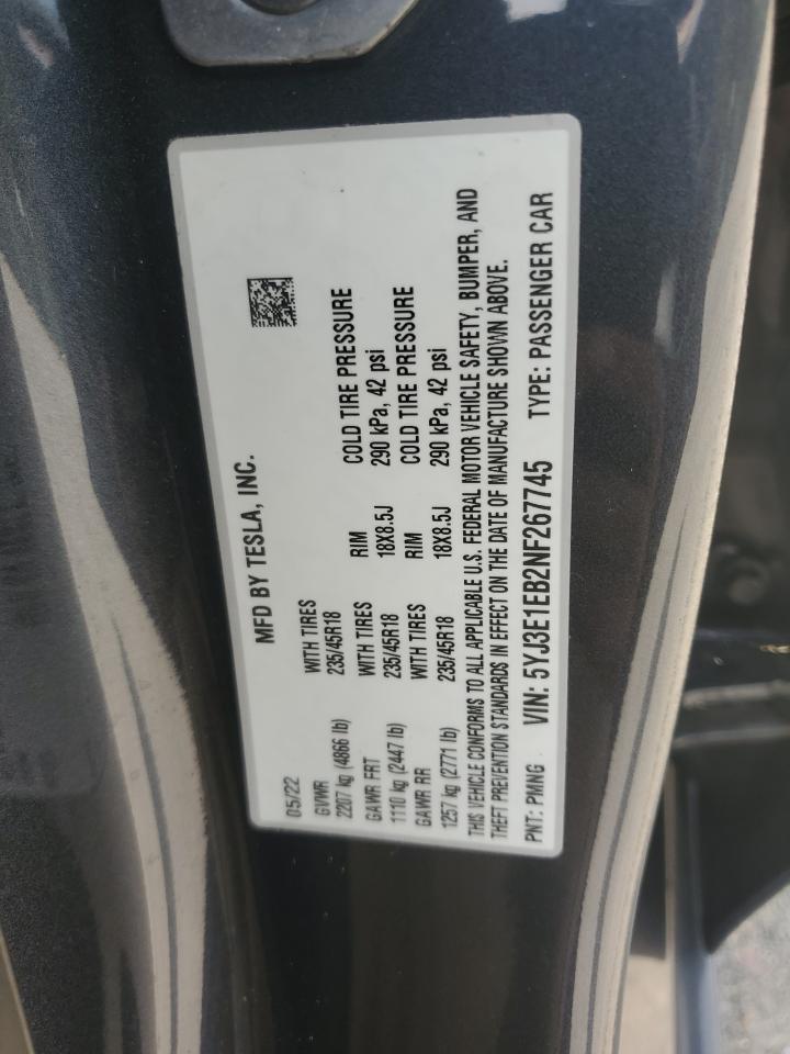 2022 Tesla Model 3 VIN: 5YJ3E1EB2NF267745 Lot: 64560565