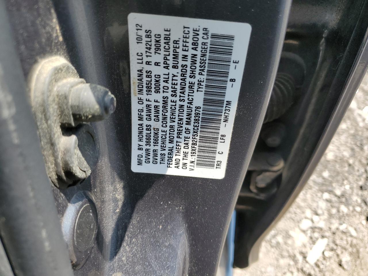 2012 Honda Civic Lx VIN: 19XFB2F5XCE383976 Lot: 63787685