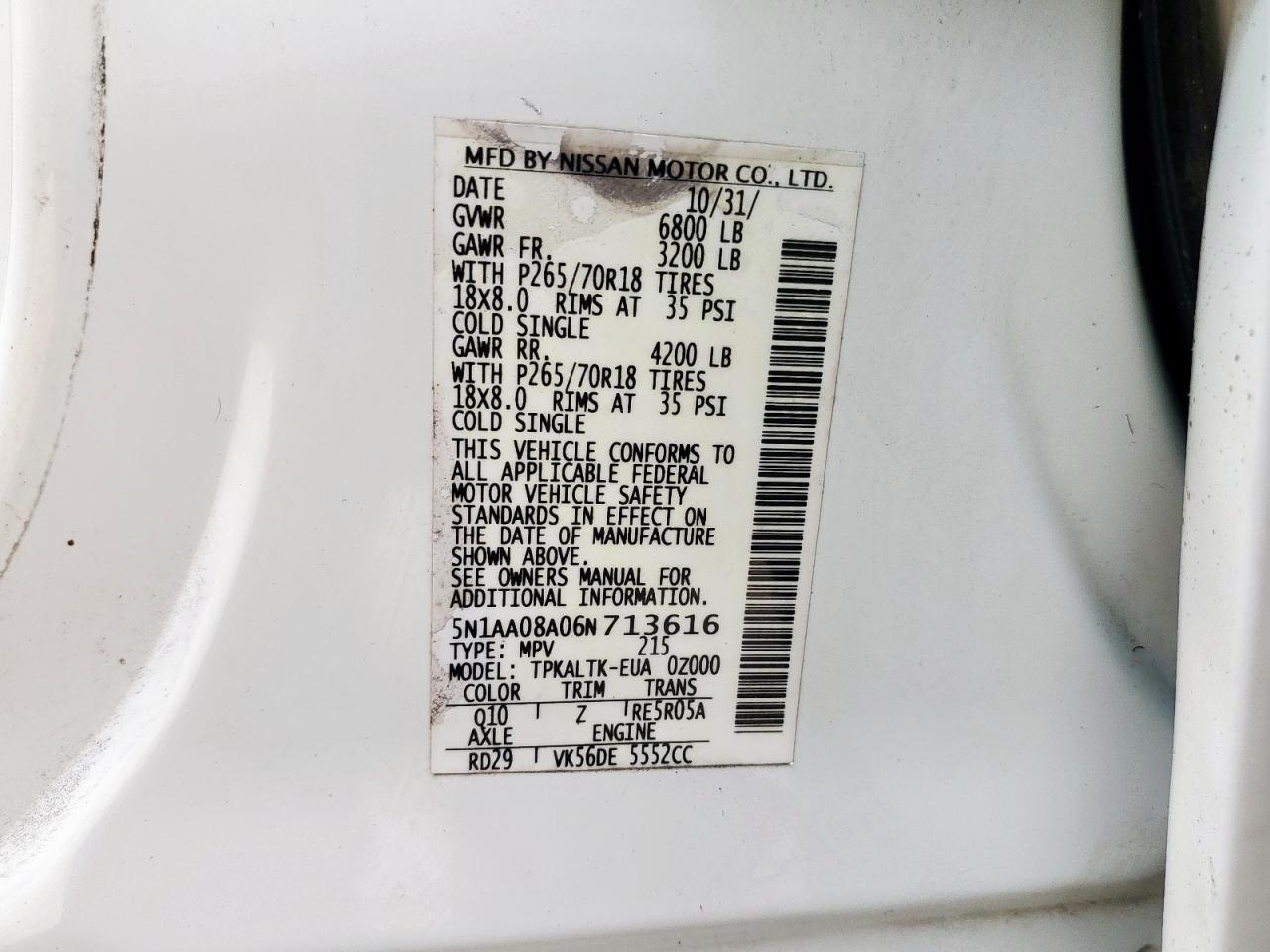 2006 Nissan Armada Se VIN: 5N1AA08A06N713616 Lot: 63582395