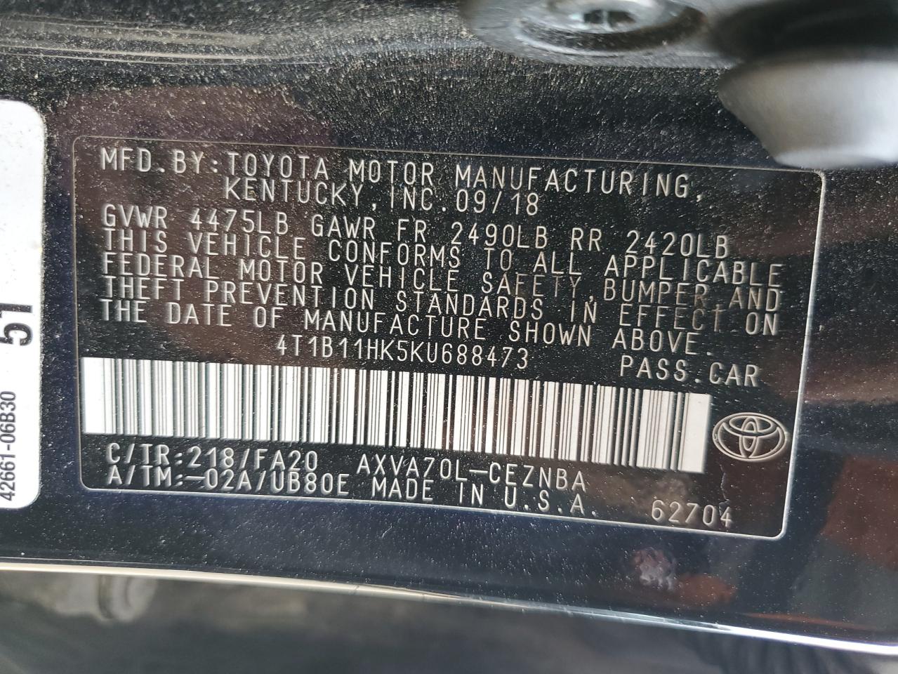 2019 Toyota Camry L VIN: 4T1B11HK5KU688473 Lot: 65003205