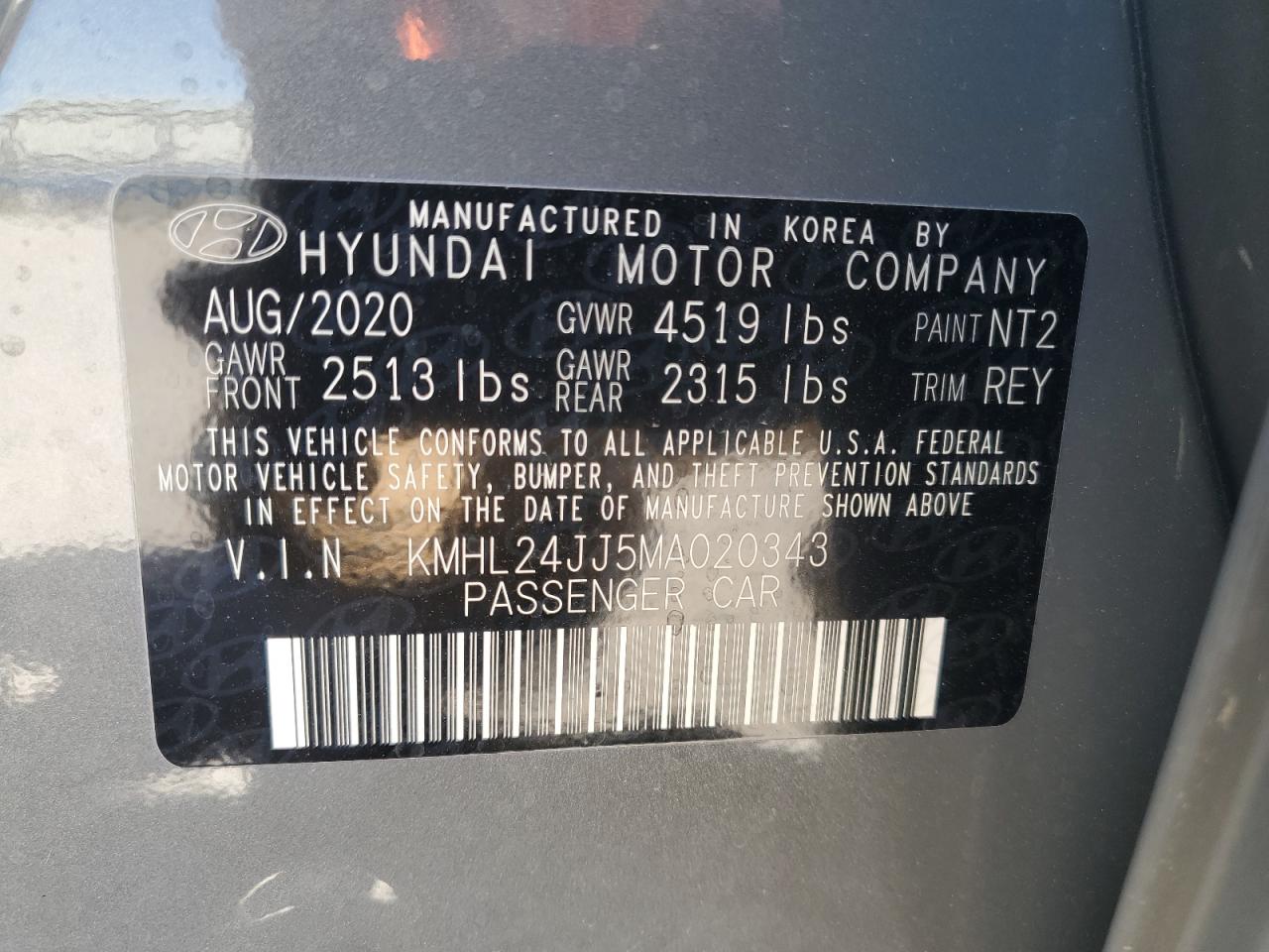 2021 Hyundai Sonata Hybrid VIN: KMHL24JJ5MA020343 Lot: 64097145