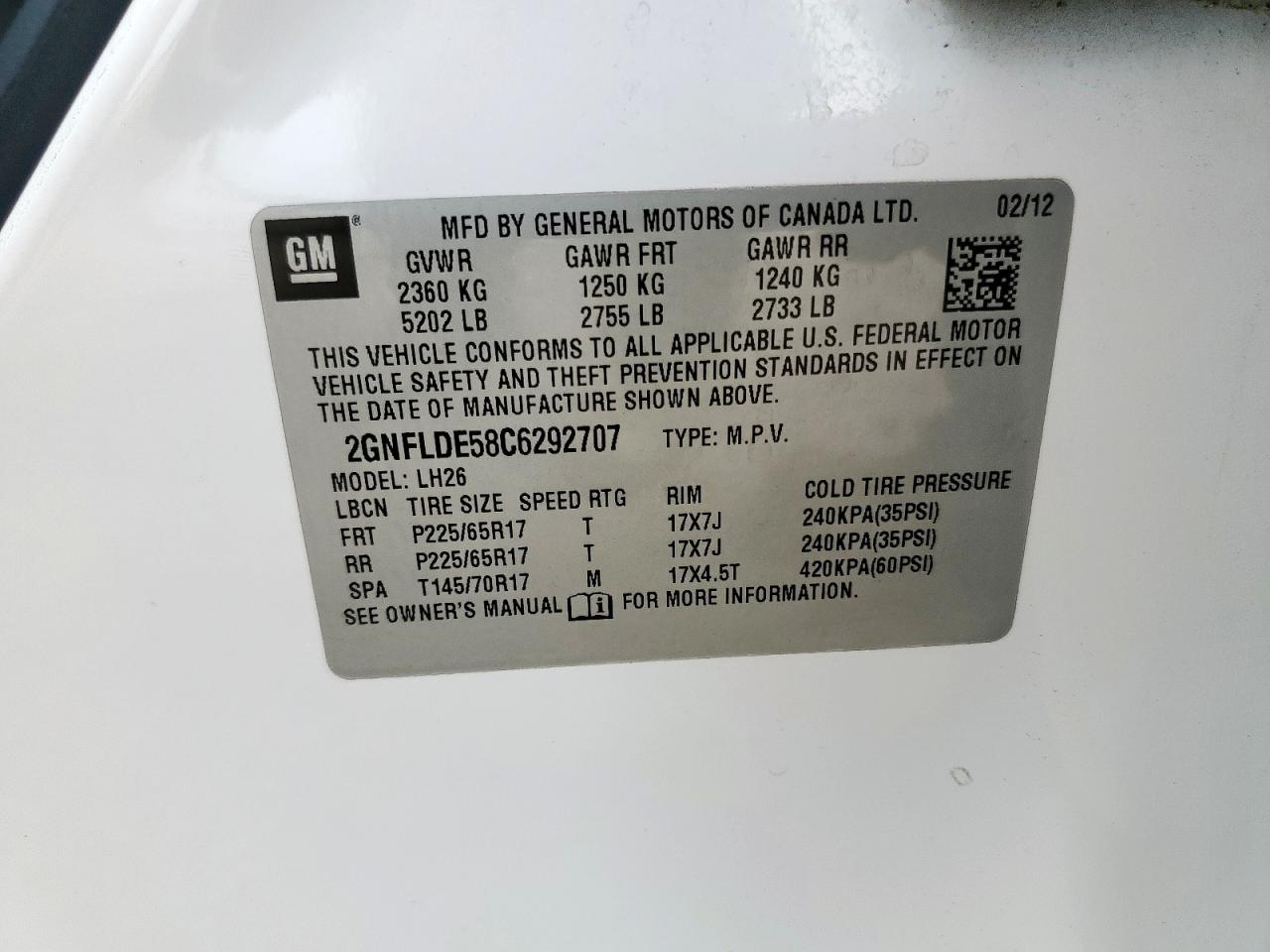 2012 Chevrolet Equinox Lt VIN: 2GNFLDE58C6292707 Lot: 64980955