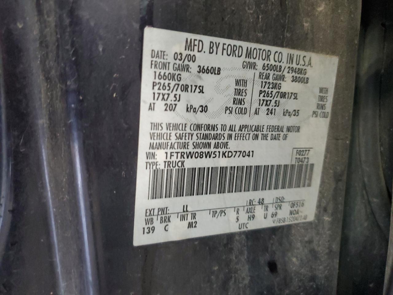 2001 Ford F150 Supercrew VIN: 1FTRW08W51KD77041 Lot: 62658775