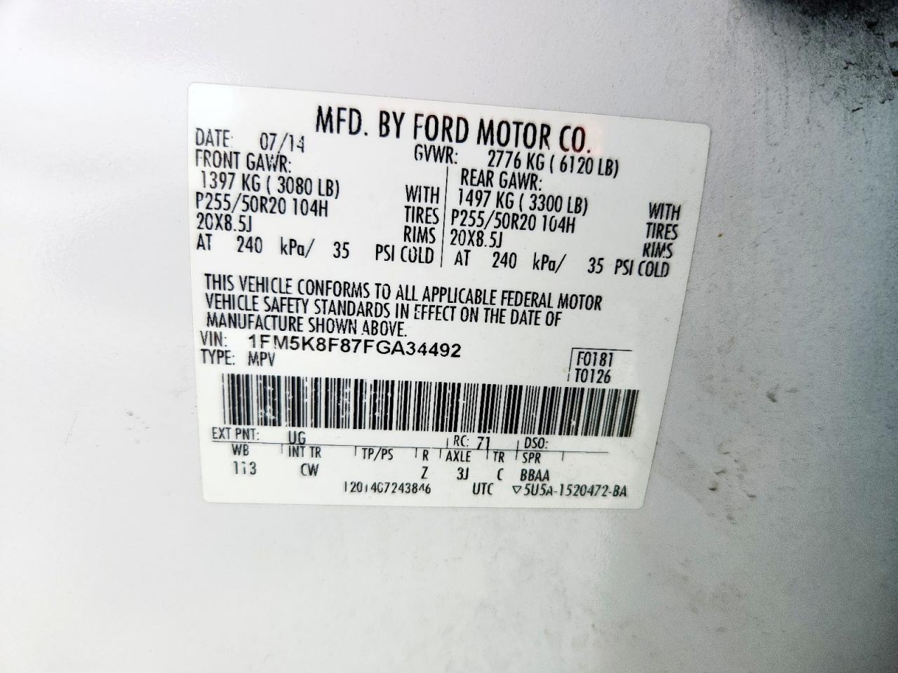 2015 Ford Explorer Limited VIN: 1FM5K8F87FGA34492 Lot: 63110325