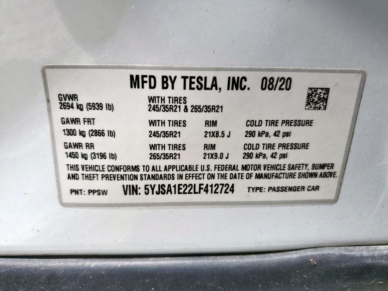 2020 Tesla Model S VIN: 5YJSA1E22LF412724 Lot: 61159905